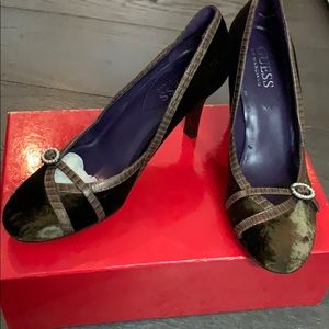 Brown crushed velvet Guess shoes, vintage inspired